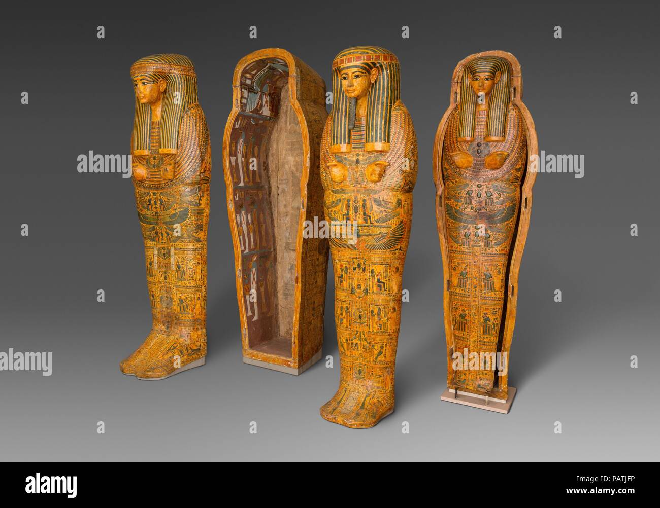 Outer Coffin of Menkheperre (C), usurped from Ahmose. Dimensions: H. 205 cm (80 11/16 in); W. 68 cm (26 3/4 in); D. 90 cm (35 7/16 in). Dynasty: Dynasty 21. Date: ca. 1000-945 B.C..  The nested coffins of the God's Father, Priest of Amun-Re, Menkheperre, son of Fai-Mut (?), were found in the far left corner of the chamber, alongside the burial of the three original occupants of the tomb (see for one of these 25.3.1a, b). Menkheperre's coffins had been usurped from a priest named Ahmose, but they belong stylistically to the type of coffins produced in Thebes at that time, and were therefore sti Stock Photo