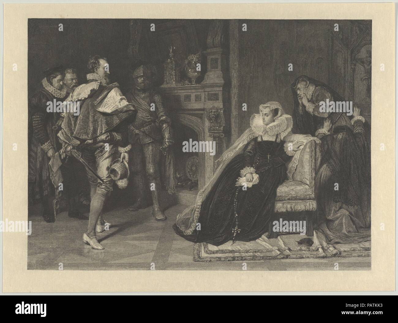 Mary Stuart Listening to the Order of Her Execution. Artist: After Karl Theodor von Piloty (German, Munich 1826-1886 Ambach bei Munich). Dimensions: Image: 7 7/8 × 10 13/16 in. (20 × 27.4 cm)  Sheet: 9 1/8 × 12 3/8 in. (23.2 × 31.5 cm). Engraver: Doris Raab (German, Nuremburg 1851-before 1933). Publisher: Probably published by D. Appleton & Co. (New York, NY). Subject: Mary, Queen of Scots (Linlithgow 1542-1587 Fotheringhay, England). Date: 1878 (?).  This is likely a state before letters of a print published as the frontispiece for Appleton and Co.'s New York 'Art Journal' in 1878. In the per Stock Photo