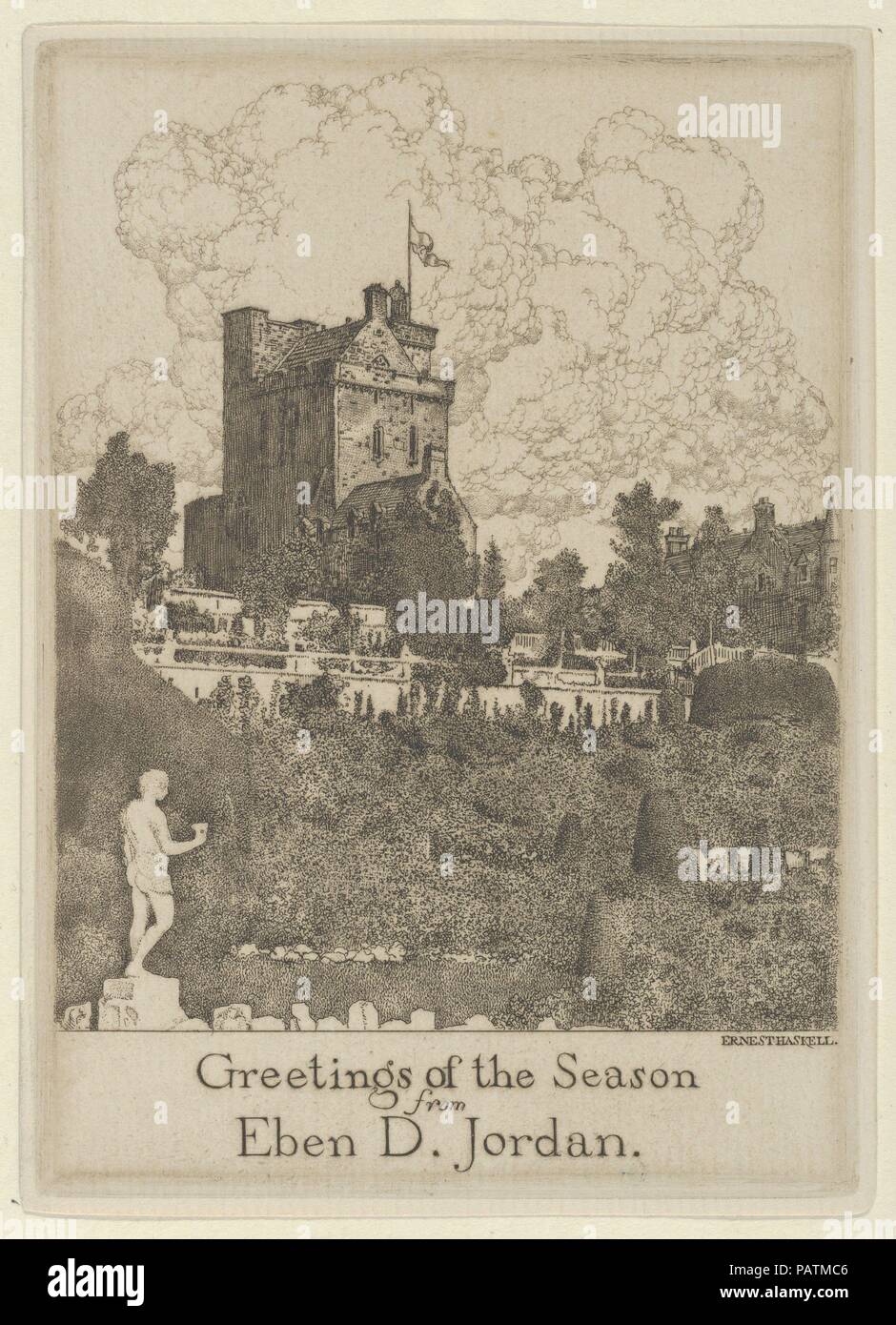 Greetings of the Season from Eben D. Jordan. Artist: Ernest Haskell (American, Woodstock, Connecticut 1876-1925 West Point, Maine). Dimensions: Sheet (Trimmed): 5 1/4 × 3 3/4 in. (13.3 × 9.6 cm). Date: 1916-25.  View of Drummond Castle of the Duke of Argyle. Museum: Metropolitan Museum of Art, New York, USA. Stock Photo
