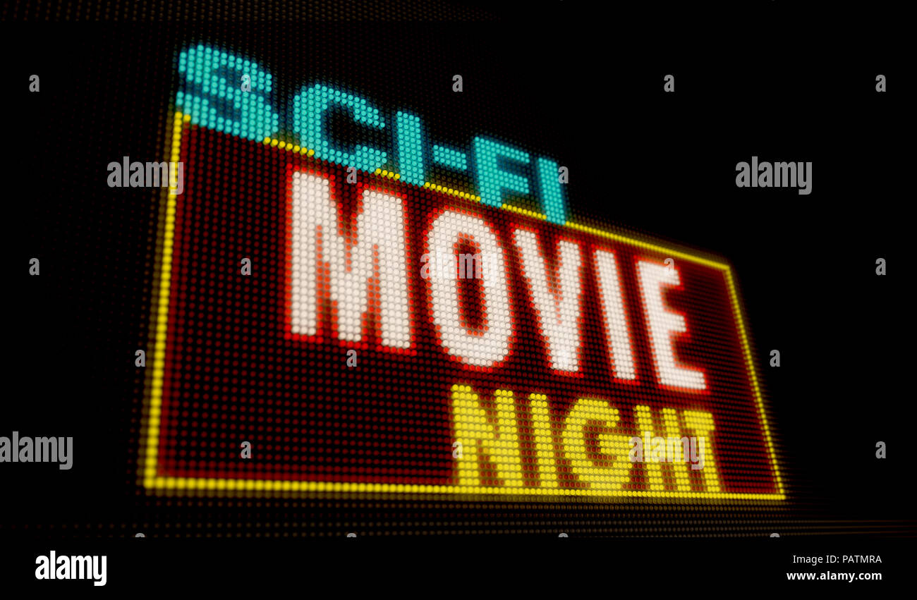 Sci-fi movie night retro intro illuminated letters on big neon display with large pixels. Bright light text on bulbs display. Entertainment event adve Stock Photo