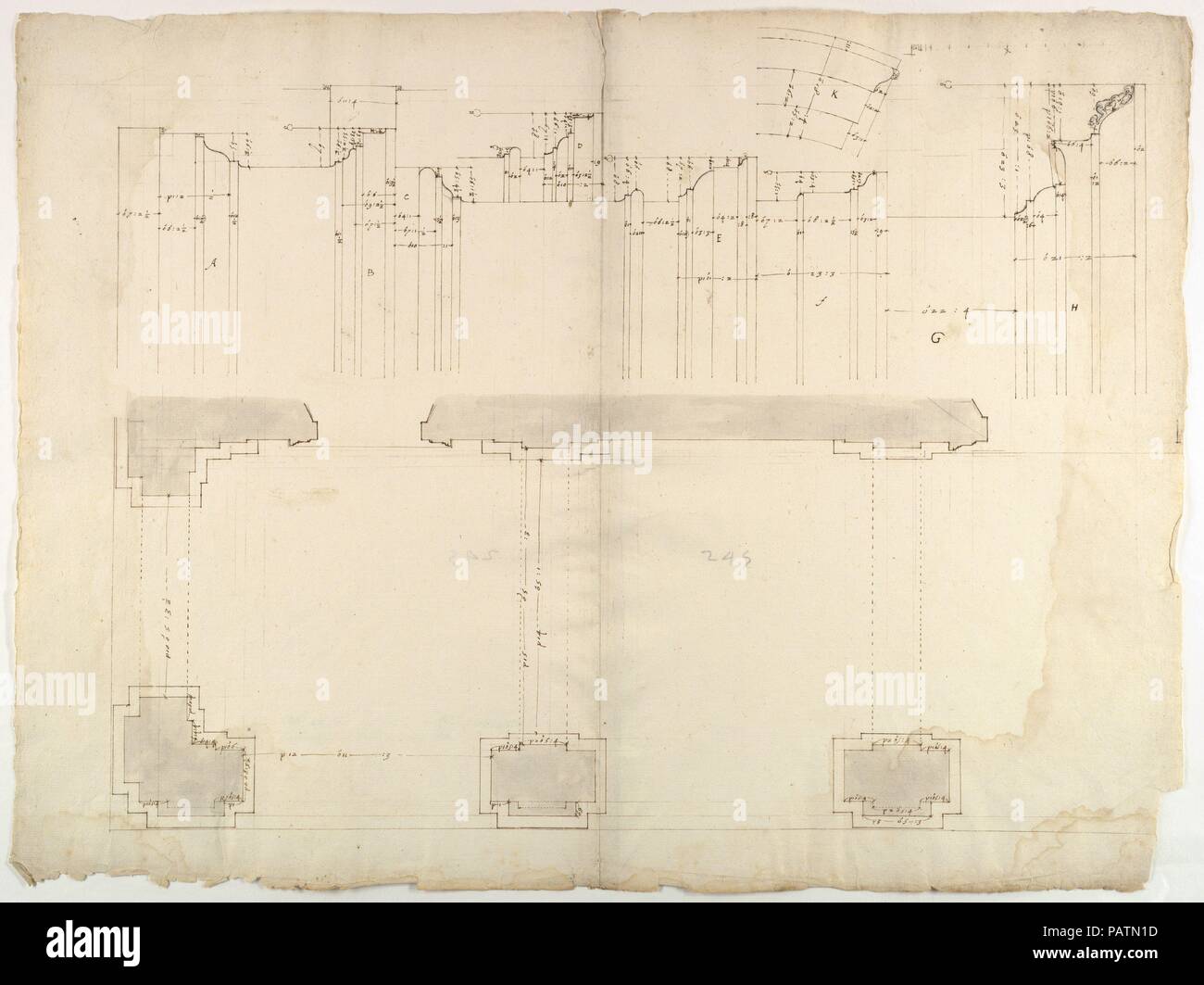 S. Maria in Domnica, portico, plan; details, profile (recto) blank (verso). Dimensions: sheet: 17 1/4 x 22 13/16 in. (43.8 x 58 cm). Draftsman: Drawn by Anonymous, French, 16th century. Date: early to mid-16th century. Museum: Metropolitan Museum of Art, New York, USA. Stock Photo
