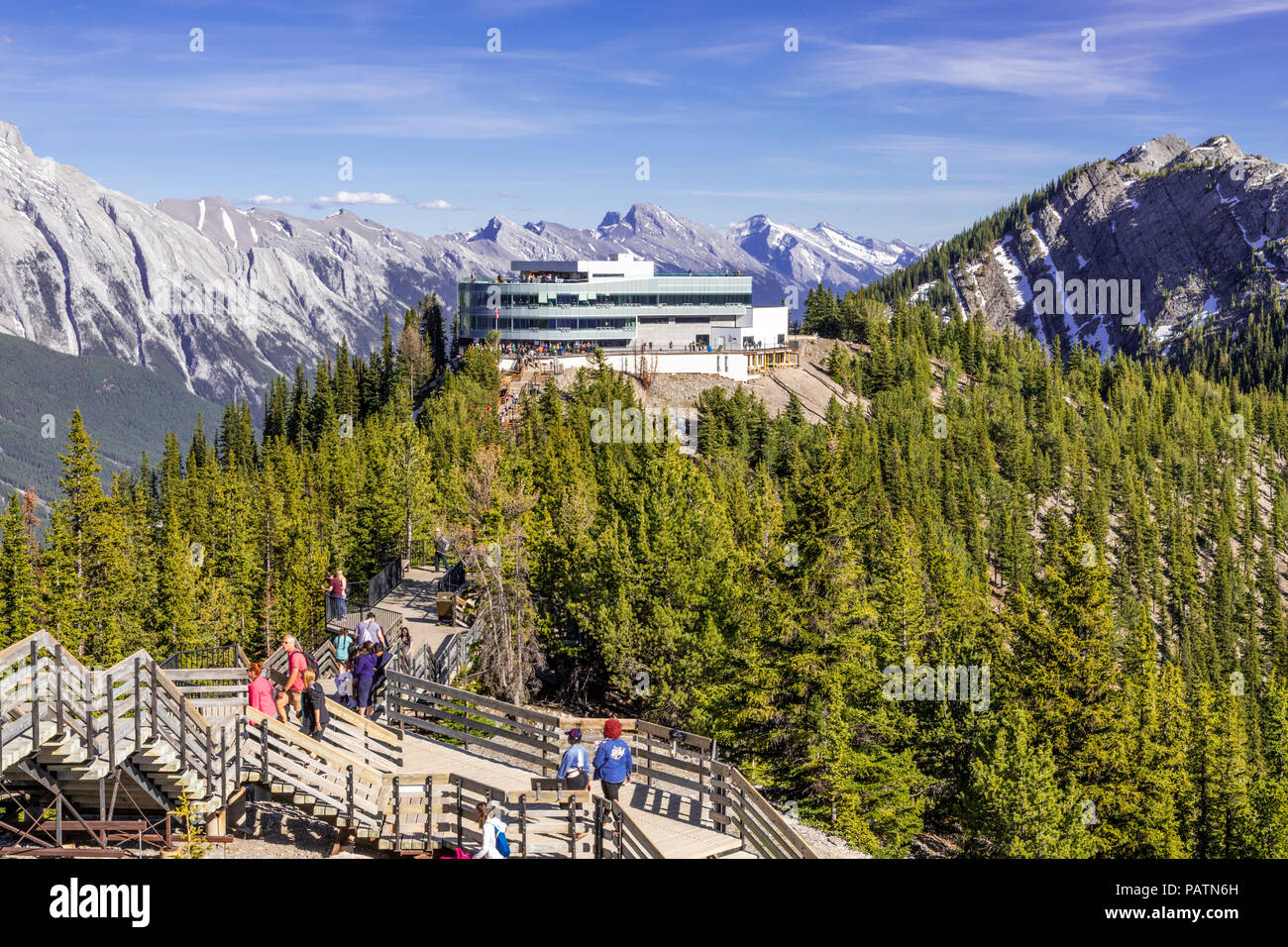 The summit building and boardwalk on Sulphur Mountain in the Rocky Mountains, Banff, Alberta, Canada Stock Photo