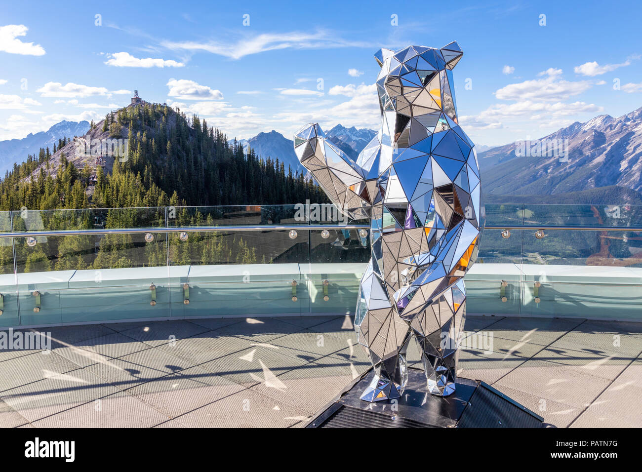 The mirror bear statue at the summit building on Sulphur Mountain in the Rocky Mountains, Banff, Alberta, Canada Stock Photo