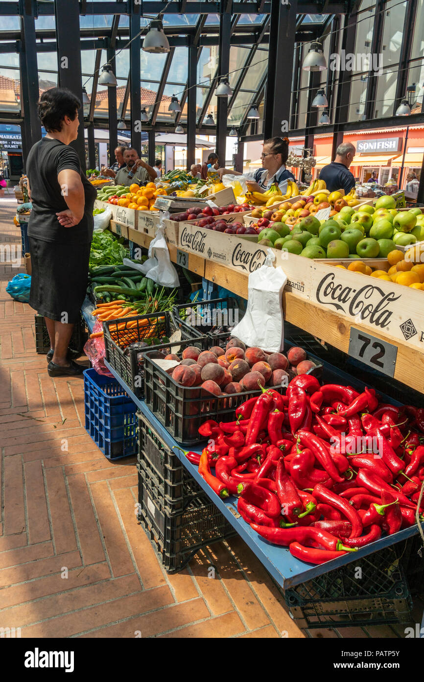 Vegetable stall in the newly refurbished Pazari i Ri, New bazaar area,  central market, in Tirana, Albania, Stock Photo
