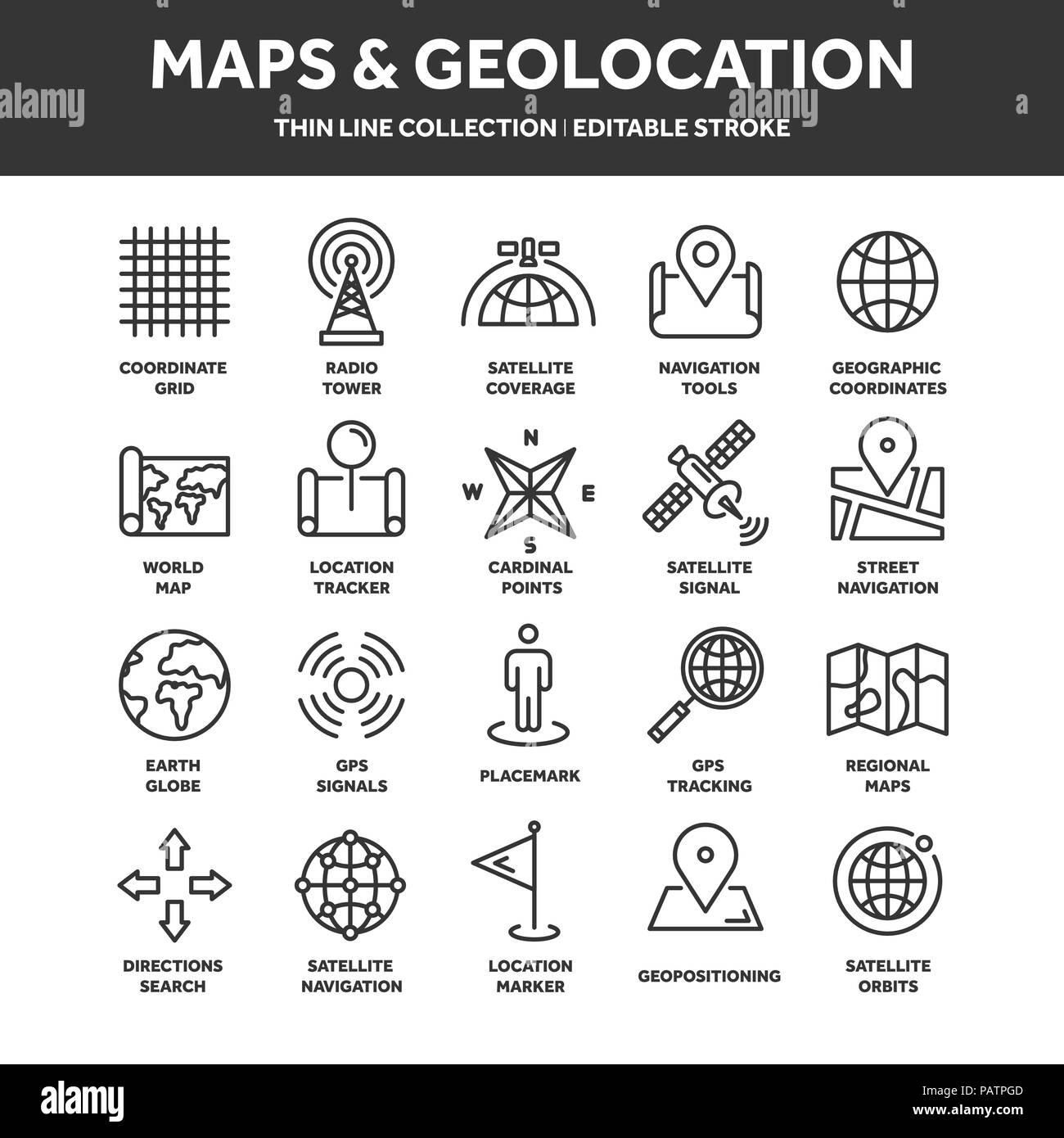 and navigation. GPS coordinates. Location icons. Line art Stock Vector Image Art - Alamy