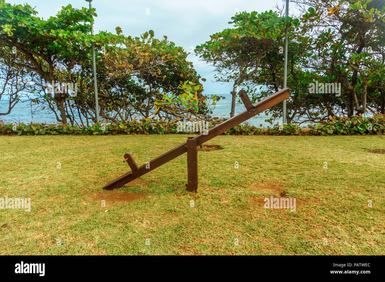wooden swing balancer on the green lawn in the Park Stock Photo 