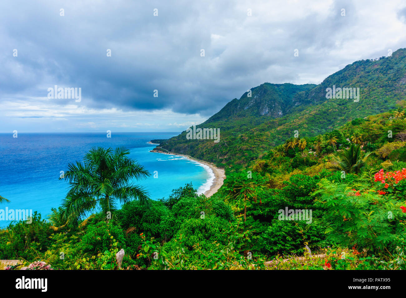 picturesque natural wild landscape with rocky mountains overgrown dense green jungle tree, palm and clear azure water of sea ocean. Dominican Republic Stock Photo