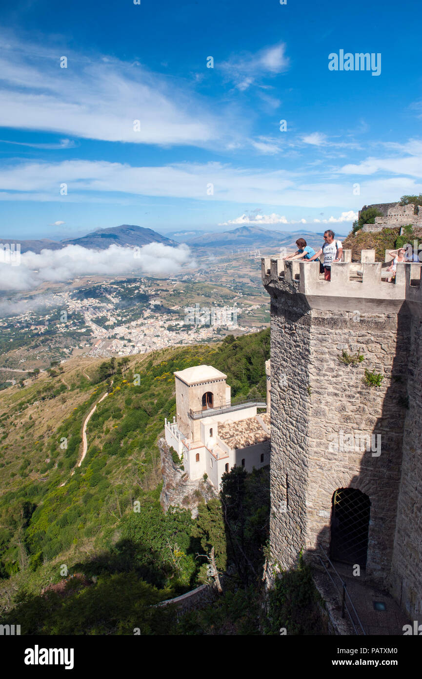 The view over Norman built Castello di Vanere and northern Sicily from the ancient hilltop town of Erice, outside Trapani in Sicily Stock Photo