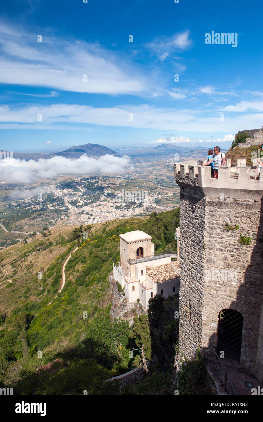 The view over Norman built Castello di Vanere and northern Sicily from the ancient hilltop town of Erice, outside Trapani in Sicily Stock Photo