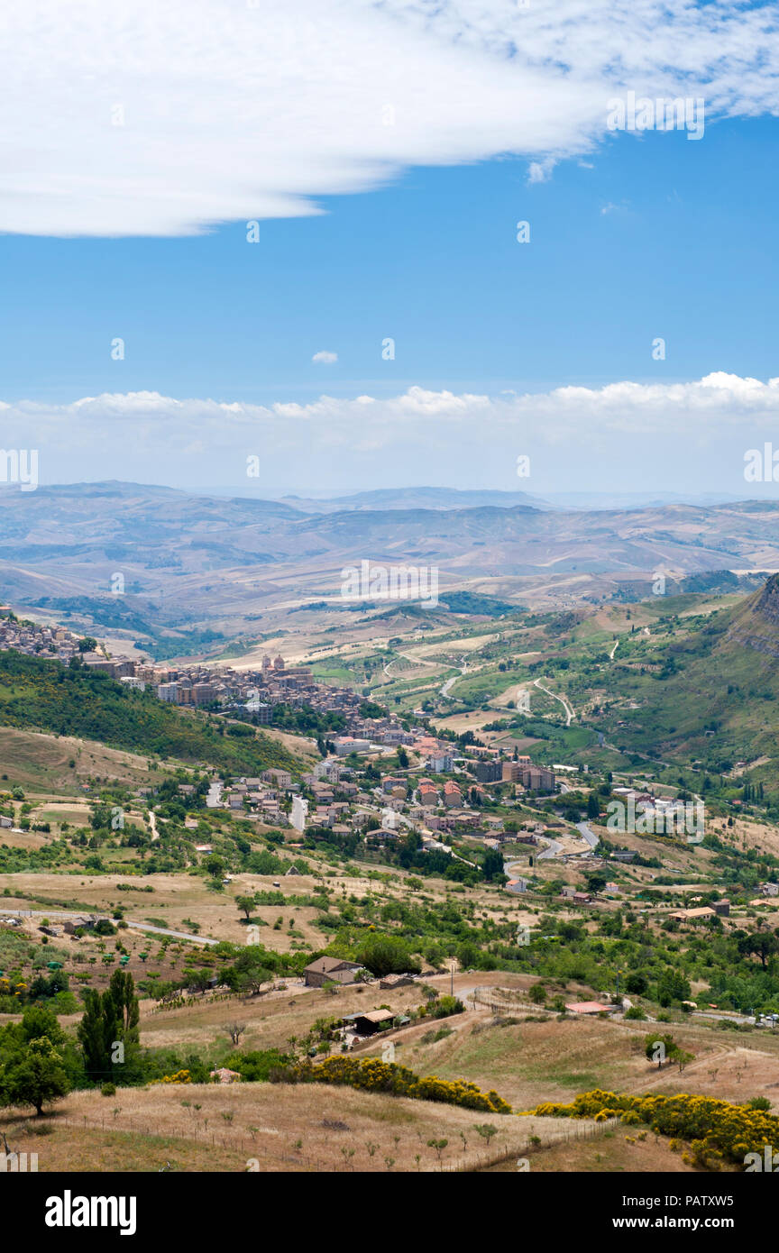 The view over central Sicily and the village of Petralia Sottana from Parco delle Madonie, an extensive nature reserve and home to the Madonie mountai Stock Photo