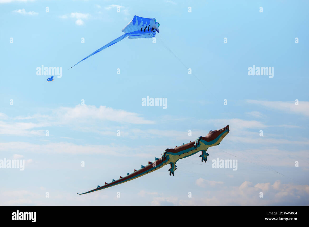 air crocodile kite flying high in the sky. Kite festival. Family holiday. Kite competition Stock