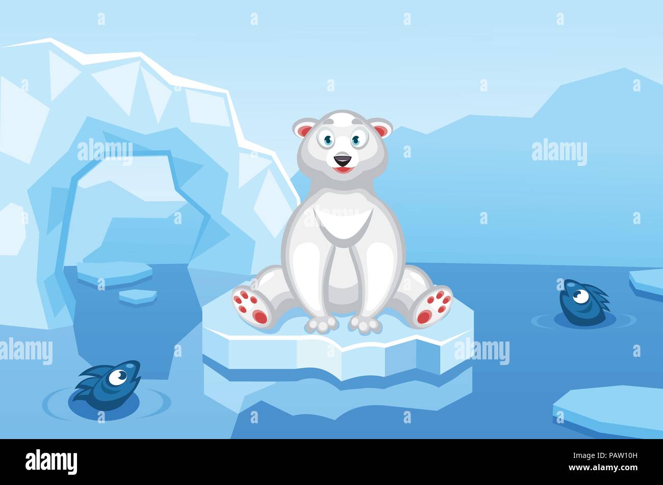 Illustration of a polar bear on an arctic vector background with ice floes, icebergs, water and fishes Stock Vector