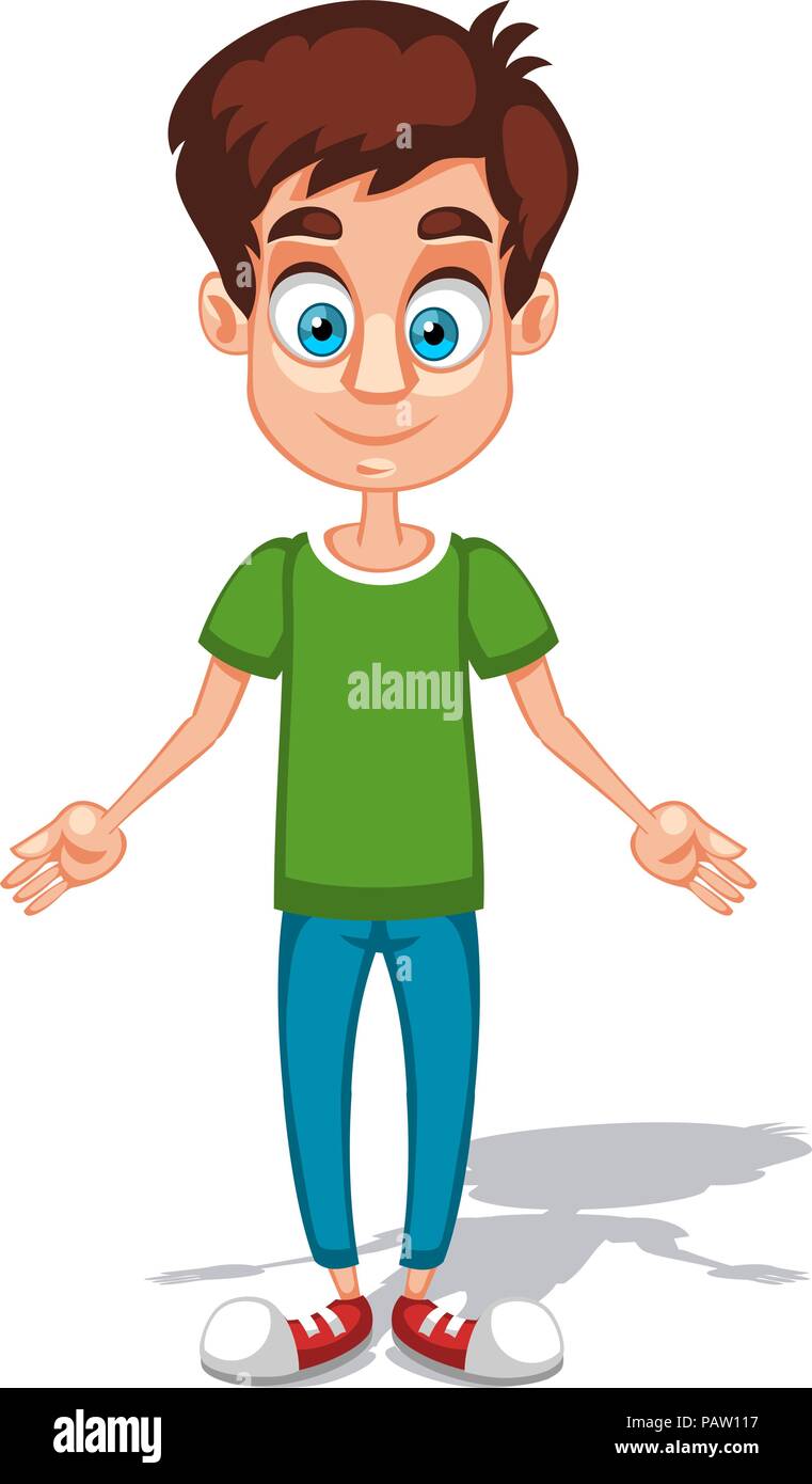 Cartoon young man character with open arms in the green shirt and blue pants  Stock Vector Image & Art - Alamy