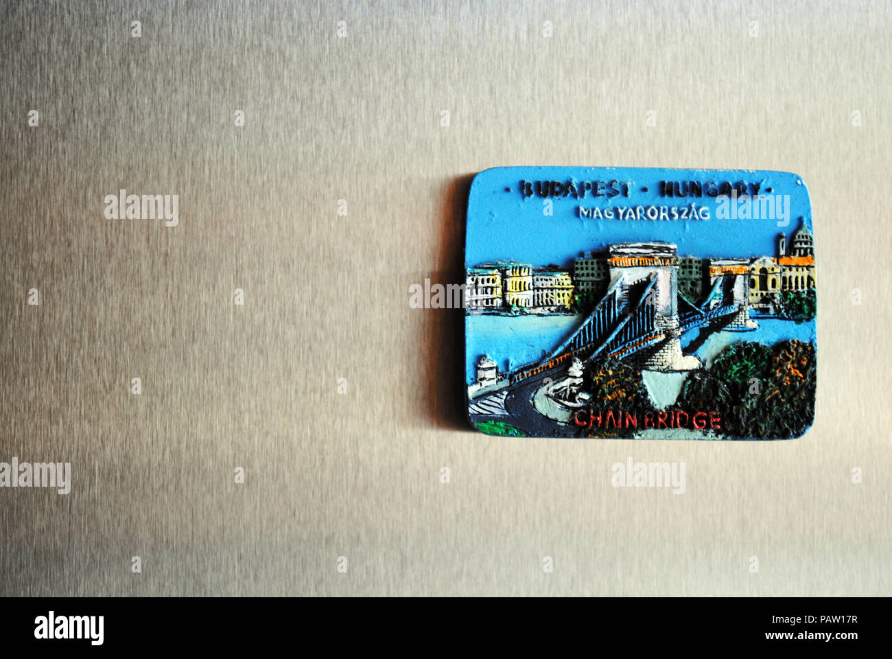 The Chain Bridge over the River Danube on a fridge magnet. Stock Photo