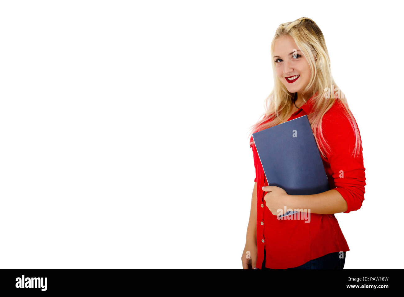 beautiful business girl in a red shirt with a folder in hands posing in studio - with copy space for product or text on the left isolated on white bac Stock Photo