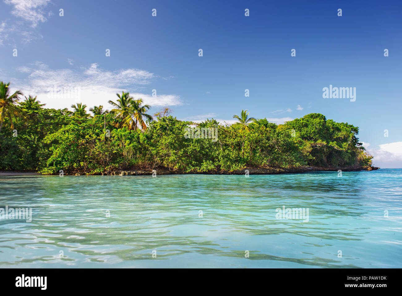 Caribbean scenic landscape, tropical green island in the blue sea. Dominican Republic Stock Photo