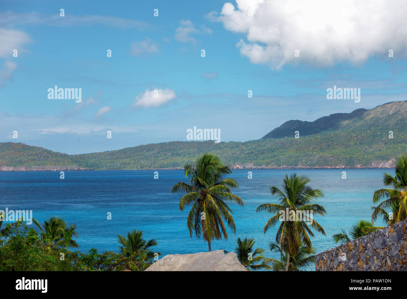 beautiful tropical landscape, Bay, green mountains, palm trees. Dominican Republic Stock Photo