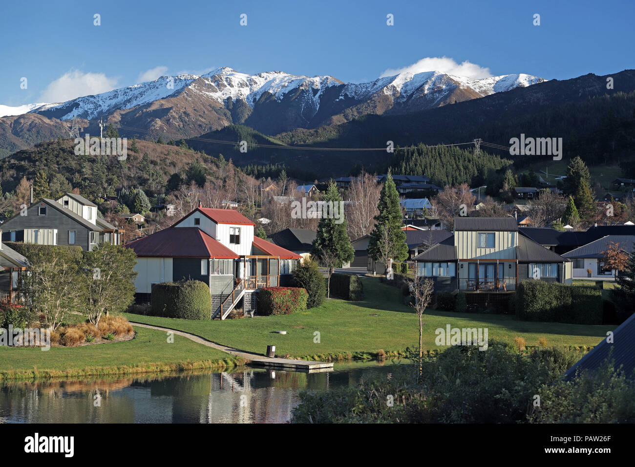 Picture by Tim Cuff - 17 July 2018 - Travel feature on the thermal spa resort of Hanmer Springs, Hurunui District, New Zealand: view from the Village  Stock Photo