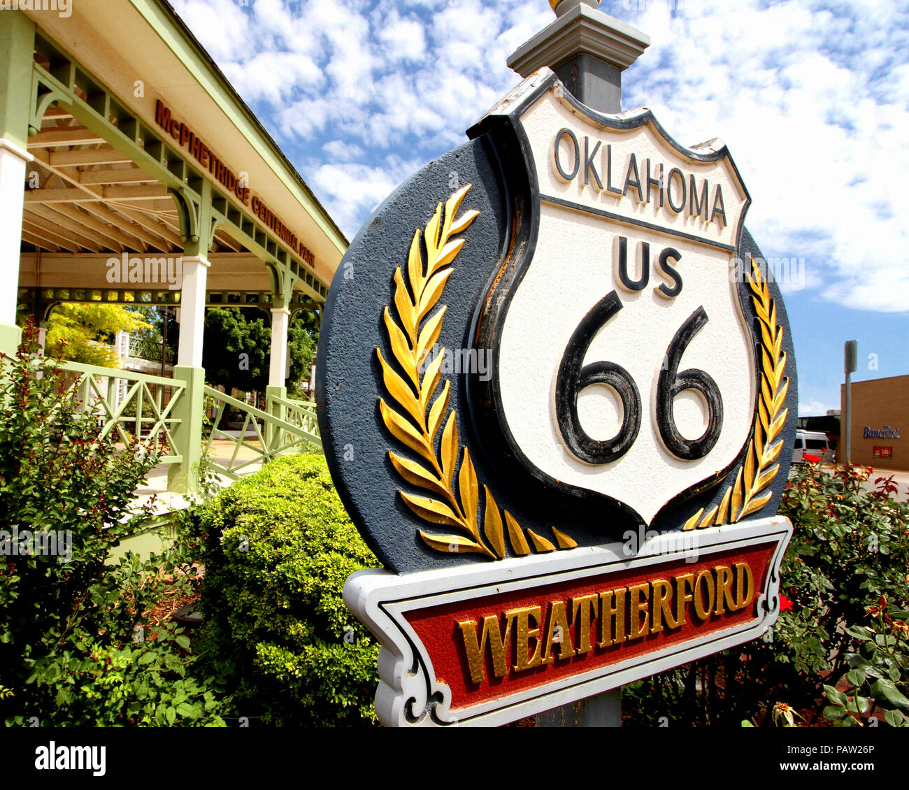 The Weatherford Route 66 sign stands in the Centennial park on Main and Broadway in Weatherford Oklahoma. Stock Photo