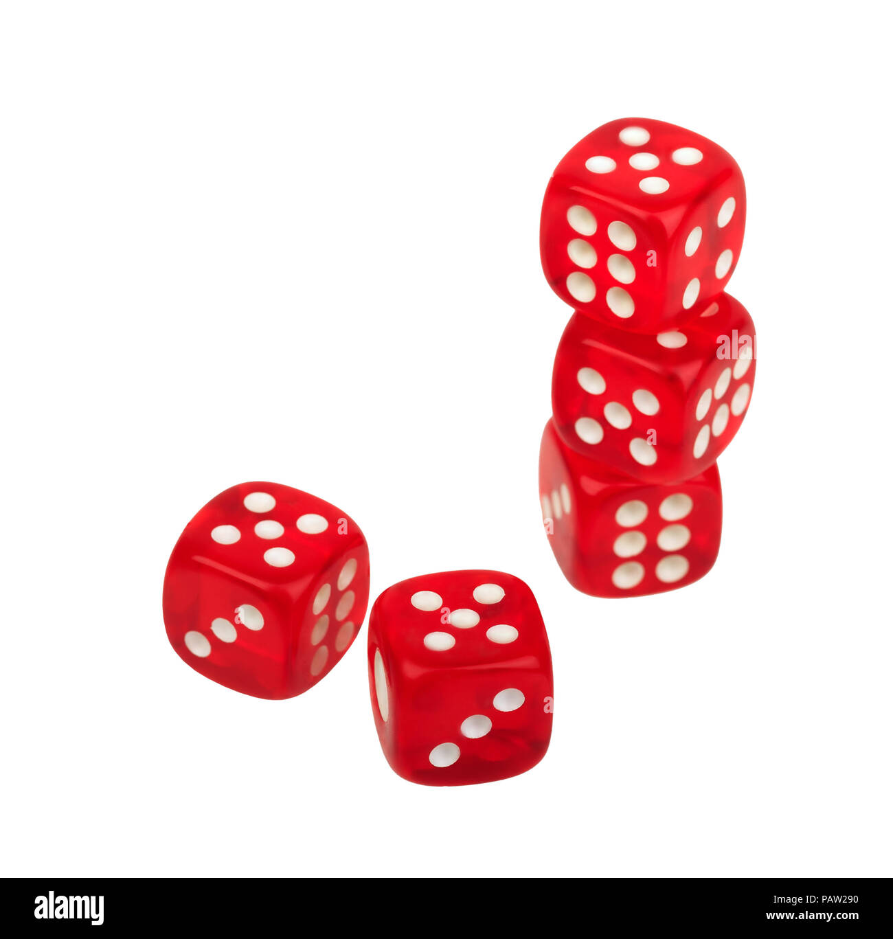 group of red dice dice with dots isolated on white background, casino