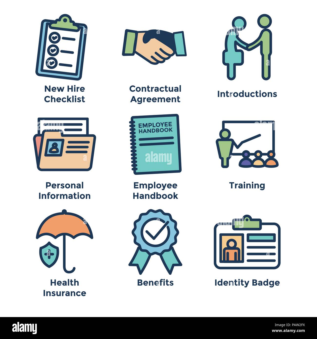 New Employee Hiring Process icon set w materials, badge, etc Stock 