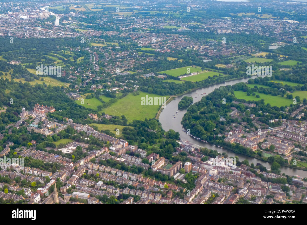 View of bend in the River Thames at Richmond in Southwest London from a plane Stock Photo