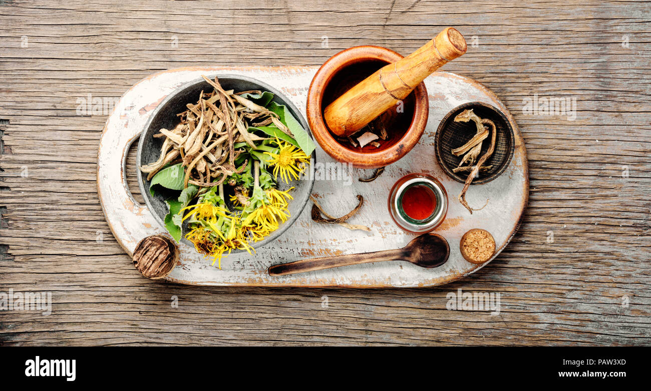 Healing elixir from the root of inula.Herbal naturopathic medicine Stock Photo