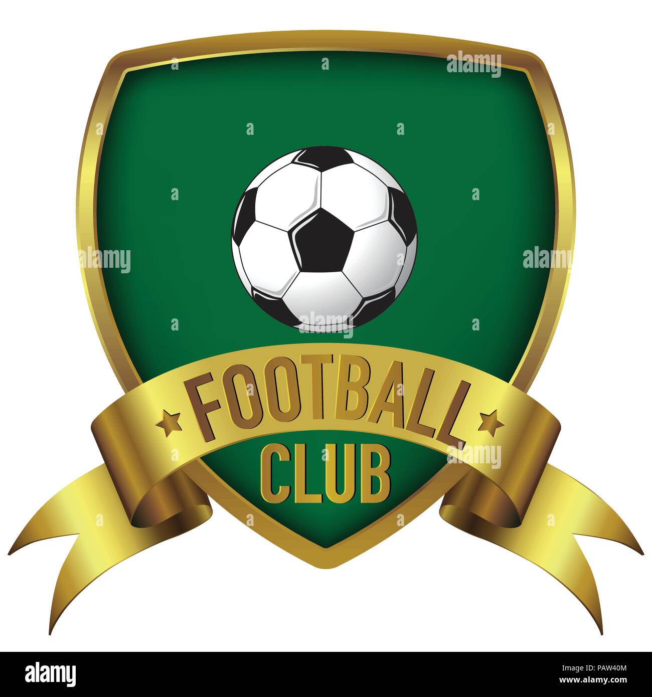 Football Club logo design in green background with gold frame and ribbon Stock Vector
