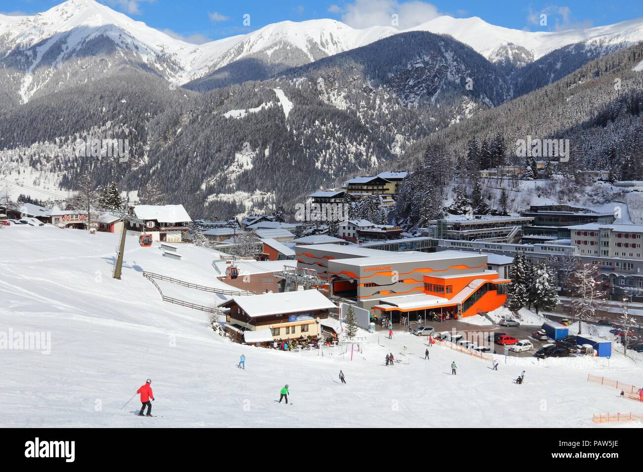 BAD GASTEIN, AUSTRIA - MARCH 9, 2016: People ski in Bad Gastein. It is part of Ski Amade, one of largest ski regions in Europe with 760km of ski runs. Stock Photo
