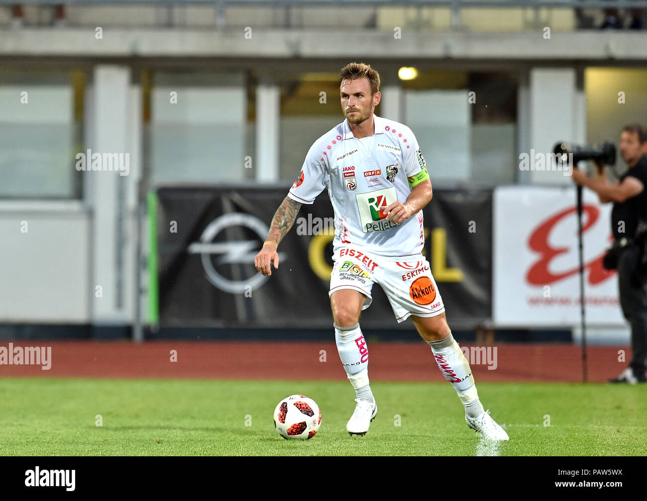 Wolfsberger, Austria, 24 July 2018. WCA's captain Sollbauer controls the ball during the pre season friendly football match between RZ Pellets WAC and Udinese Calcio at Lavanttal Arena. photo Simone Ferraro / Alamy Live News Stock Photo