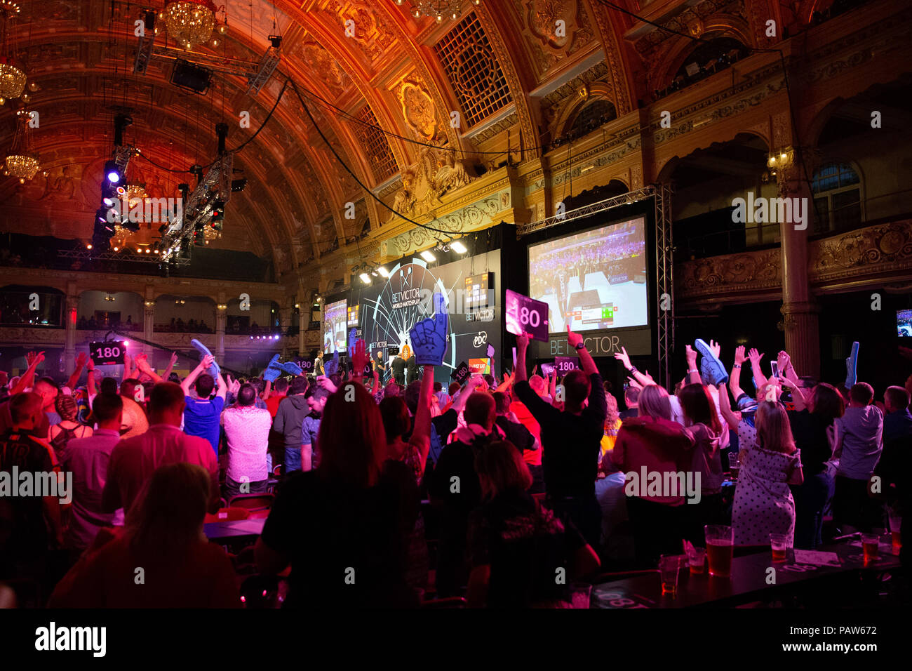 Winter Gardens, Blackpool, UK. 24th July, 2018. BetVictor World Matchplay  Darts, second round; Fans stand up