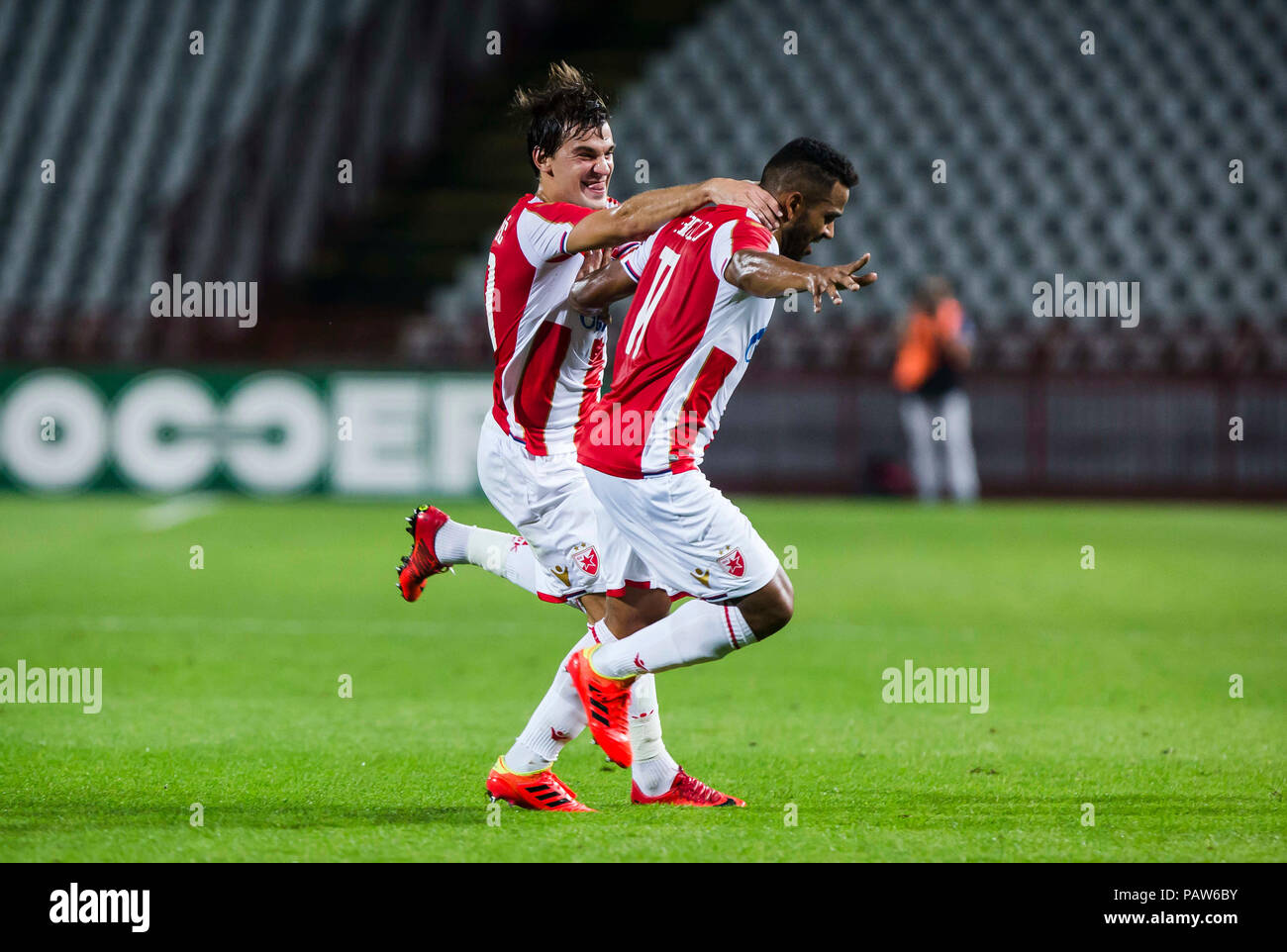 Belgrade, Serbia. 17th July, 2018. Crvena Zvezda's Lorenzo Ebecilio (L)  vies with Spartak's Vitor Silva Honorato during the first qualifying round  UEFA Champions League football match between Crvena Zvezda and Spartaks in