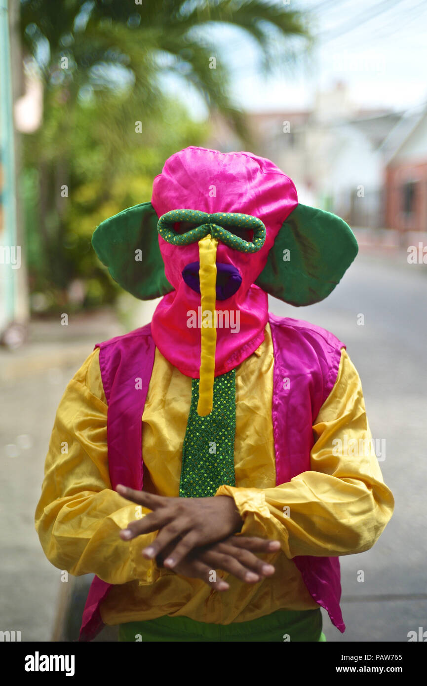 July 14, 2018 - Barranquilla, Departamento del Atlantico, Colombia - One of the most important and known character is the Marimonda, originated in Barranquilla, this character is represented by its own dance moves. The costume was created by a poor Barranquillero, this man created it because he couldn't afford any expensive or fancy costumes for the Carnaval. So he decided to take a pair of pants from his older brother, where socks in his hands and a vest backwards. To finish his costume he took a bag made two circles for the eyes and stuck a long nose falling from the eyes. Battle of Flowers, Stock Photo