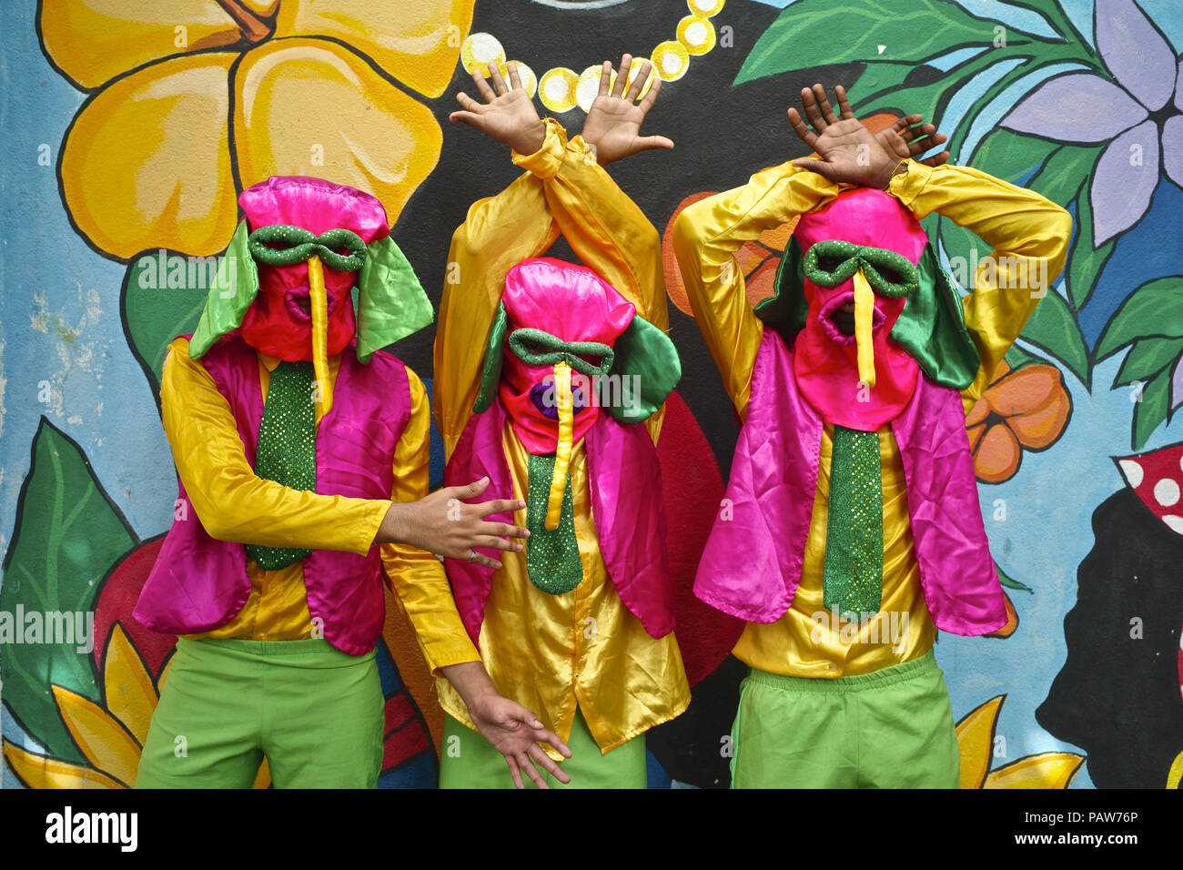 July 14, 2018 - Barranquilla, Departamento del Atlantico, Colombia - One of the most important and known character is the Marimonda, originated in Barranquilla, this character is represented by its own dance moves. The costume was created by a poor Barranquillero, this man created it because he couldn't afford any expensive or fancy costumes for the Carnaval. So he decided to take a pair of pants from his older brother, where socks in his hands and a vest backwards. To finish his costume he took a bag made two circles for the eyes and stuck a long nose falling from the eyes. Battle of Flowers, Stock Photo