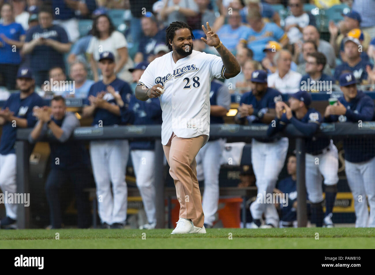 Milwaukee, WI, USA. 24th July, 2018. Prince Fielder is inducted into the Wall of Fame before the Major League Baseball game between the Milwaukee Brewers and the Washington Nationals at Miller Park in Milwaukee, WI. John Fisher/CSM/Alamy Live News Stock Photo