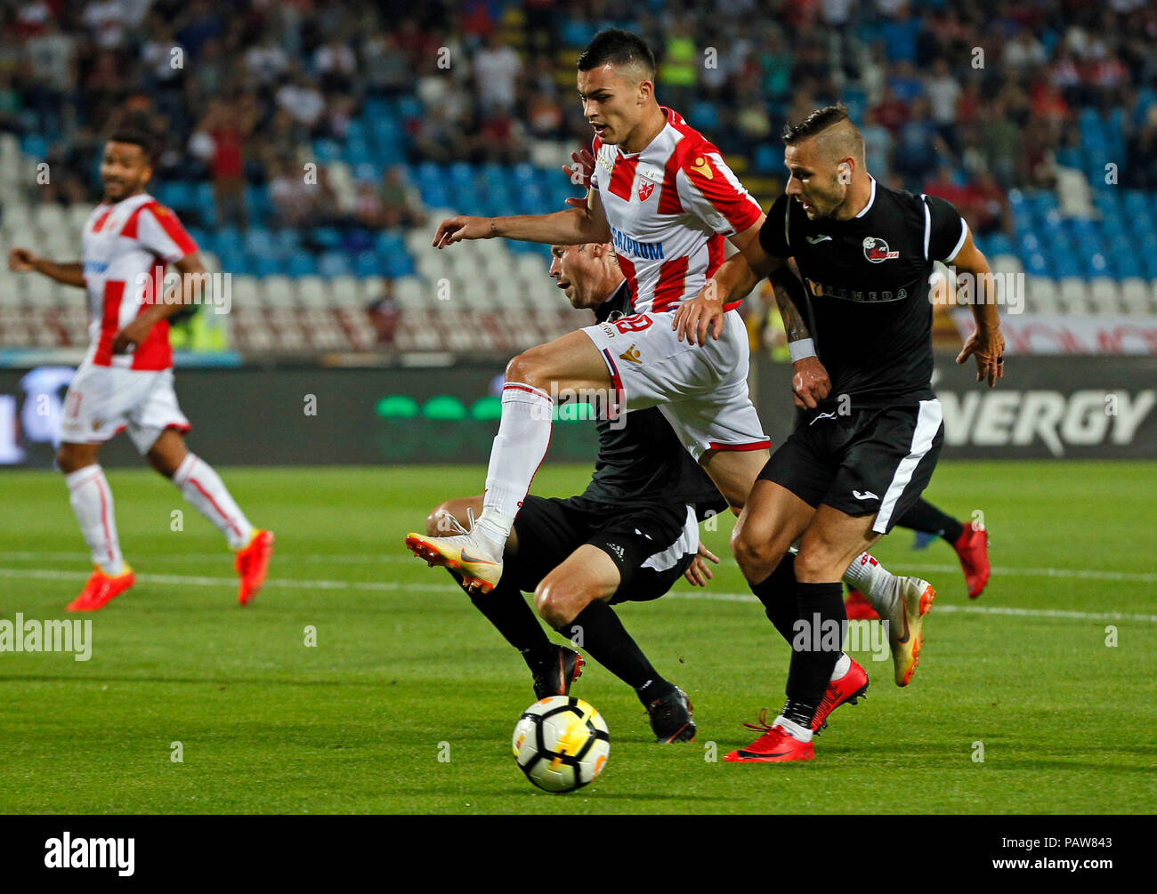 Belgrade. 24th July, 2019. Crvena Zvezda's Milan Rodic (R) vies with HJK's  Nikolai Alho (L) during UEFA Champions League first leg of the second  qualifying round between Serbia's Crvena Zvezda and Finland's