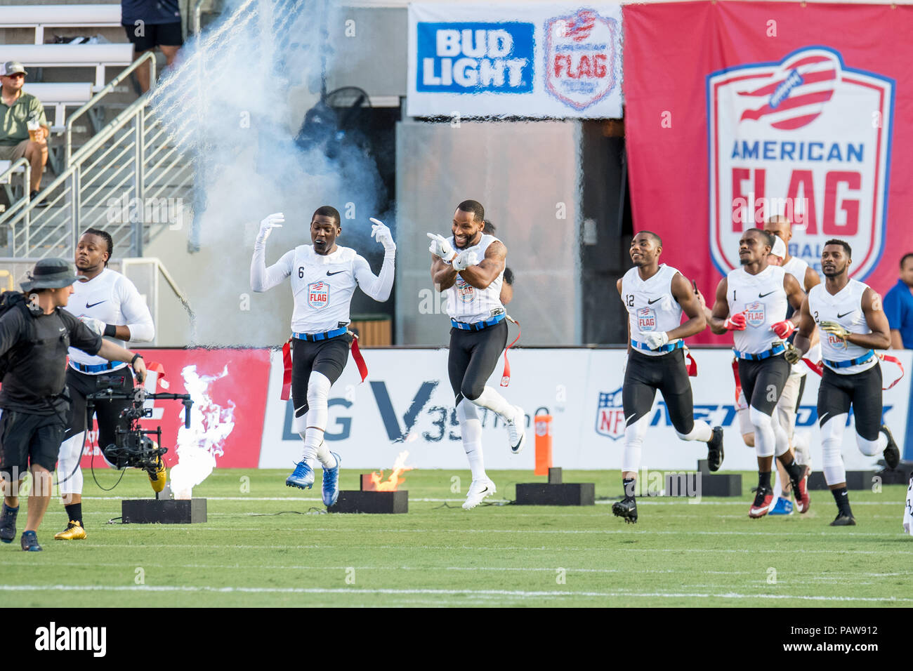 Houston, TX, USA. 19th July, 2018. Fighting Cancer enters the field prior to the American Flag Football League Ultimate Final between Godspeed and Fighting Cancer at BBVA Compass Stadium in Houston, TX. Fighting Cancer won the game 26 to 6.Trask Smith/CSM/Alamy Live News Stock Photo