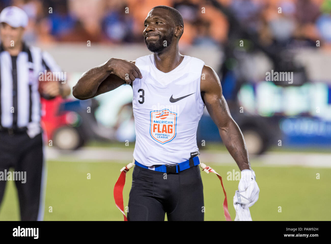 Houston, TX, USA. 19th July, 2018. Fighting Cancer flex player Brandon McCray (3) points to himself during the American Flag Football League Ultimate Final between Godspeed and Fighting Cancer at BBVA Compass Stadium in Houston, TX. Fighting Cancer won the game 26 to 6.Trask Smith/CSM/Alamy Live News Stock Photo