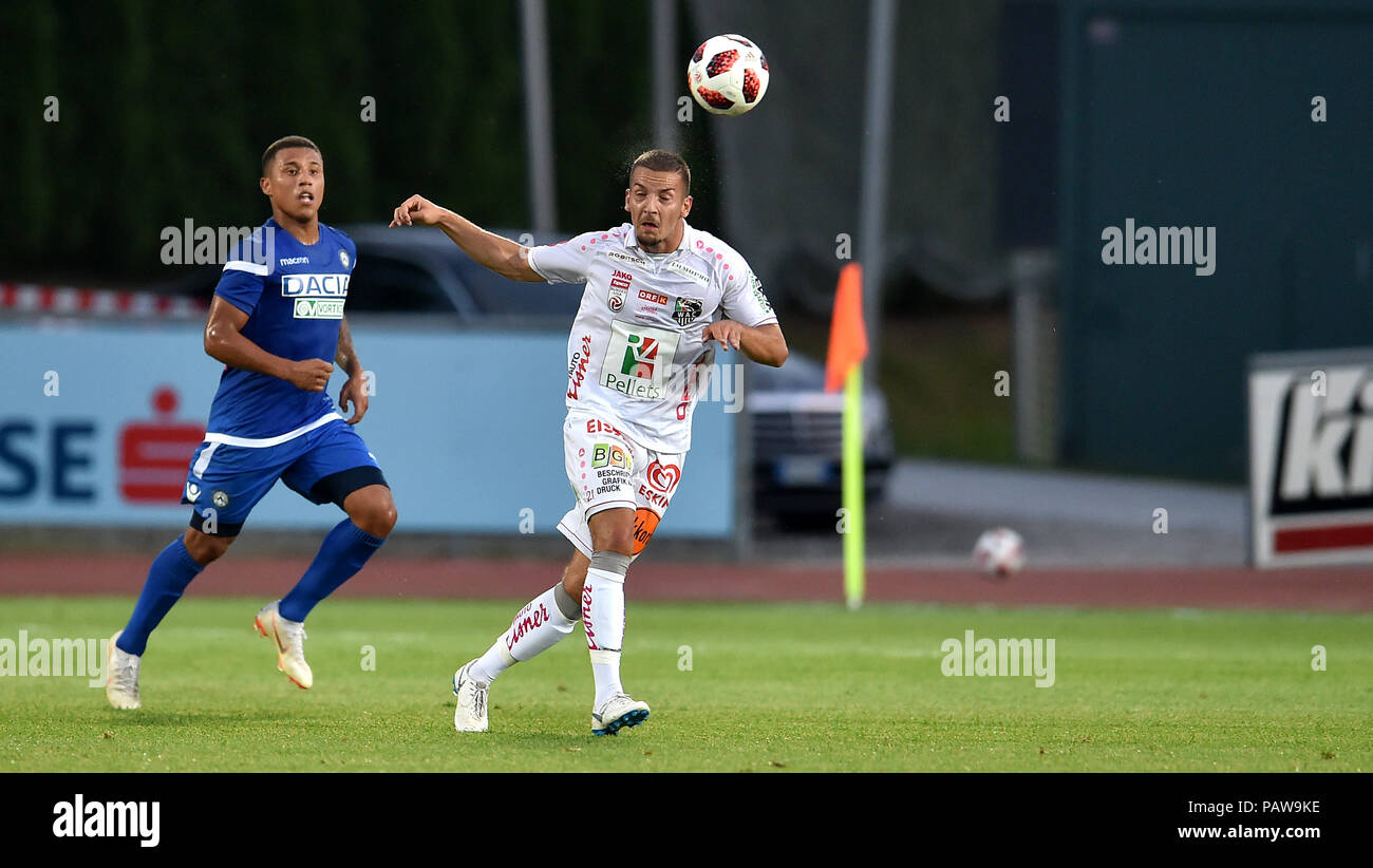 Wolfsberger, Austria, 24 July 2018. WAC's Avramovic hits the ball during the pre season friendly football match between RZ Pellets WAC and Udinese Calcio at Lavanttal Arena. photo Simone Ferraro / Alamy Live News Stock Photo