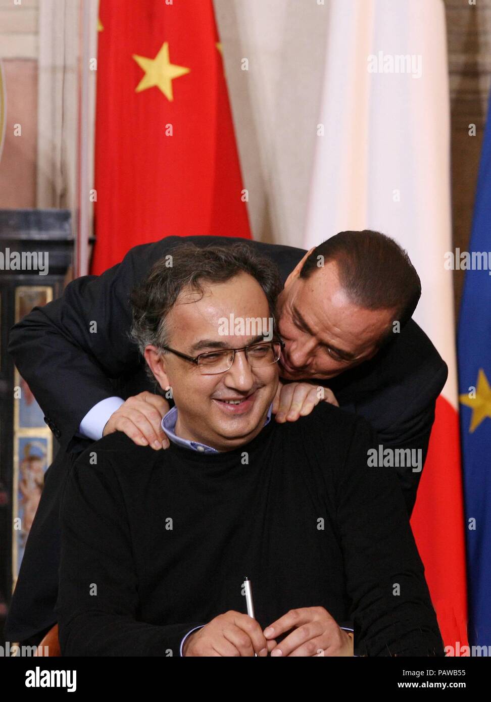 MEETING BETWEEN THE PRESIDENT OF THE COUNCIL AND THE PRESIDENT OF THE CHINESE REPUBLIC, IN THE PHOTO SILVIO BERLUSCONI AND SERGIO MARCHIONNE (Mario Maci, ROME - 2009-07-06) ps the photo can be used respecting the context in which it was taken, and without the defamatory intent of the people represented (Mario Maci, Foto Repertorio - 2018-07-25) ps the photo can be used respecting the context in which it was taken, and without the defamatory intent of the decoration of the people represented Stock Photo