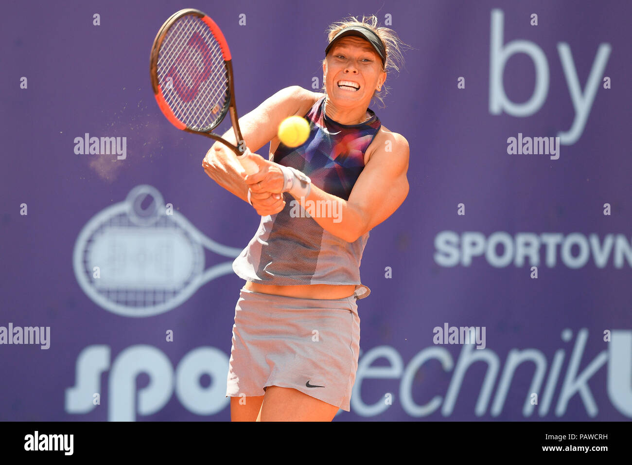 Prague, Czech Republic. 25th July, 2018. Czech Tennis player Lucie Hradecka  (pictured) in action during the match against Katerina Stewart of USA in  Advantage Cars Prague Open 2018 ITF Womens Circuit in