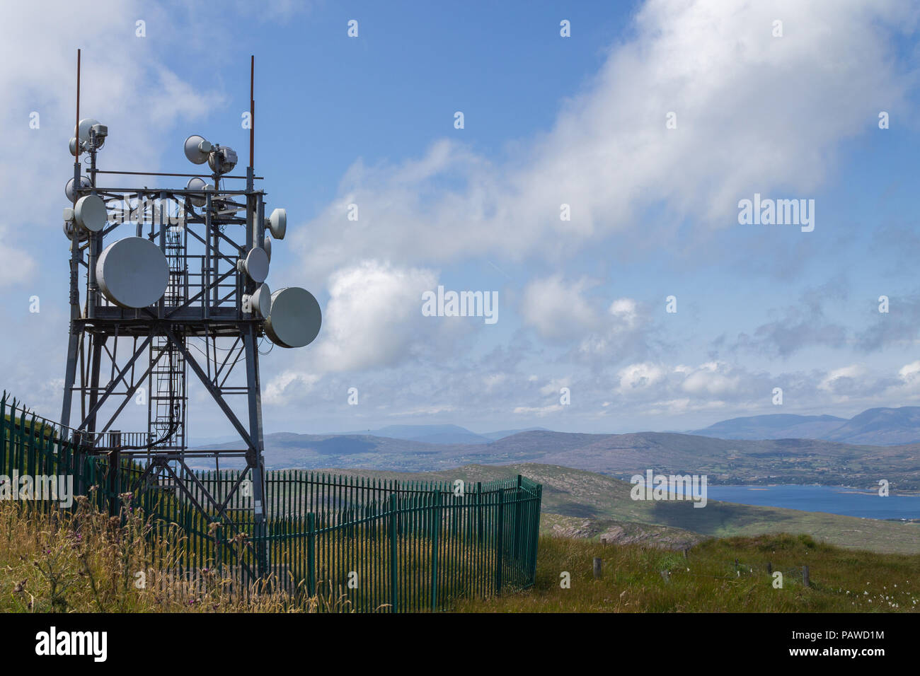 Mount Gabriel, Schull, West Cork, Ireland. 25th July, 2018. Another gloriously warm and sunny day in West Cork, with a cool breeze blowing on the top of Mount Gabriel. The micro wave and telecoms aerials form a vital part of the communications infrastructure. Credit: aphperspective/Alamy Live News Stock Photo