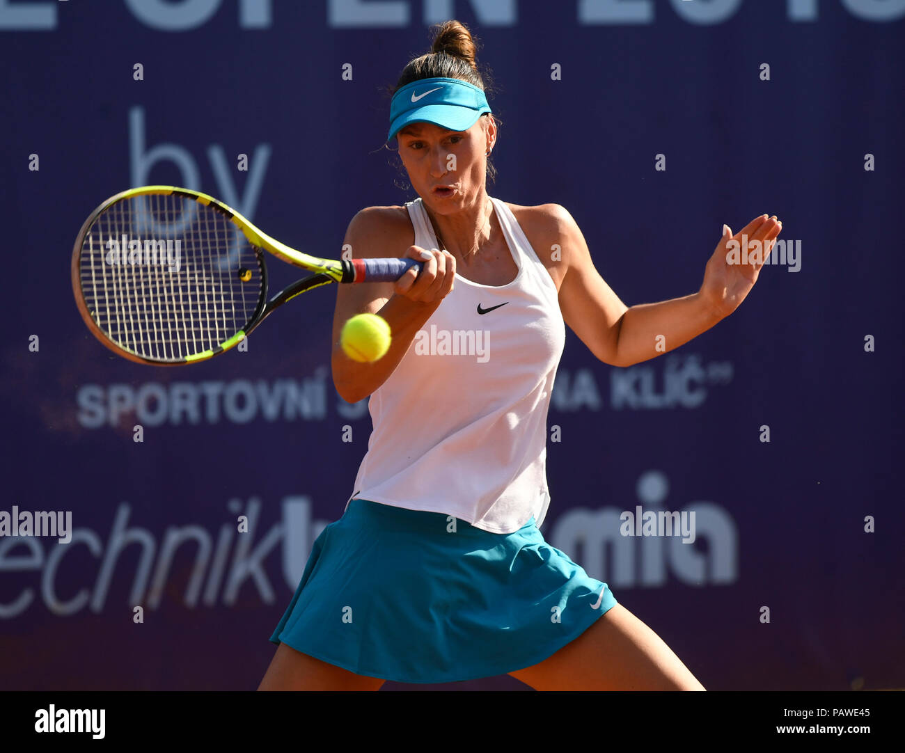 Prague, Czech Republic. 25th July. 2018. Natalie Sukova of Czech Republic  in action during the doubles match Anastasia Grymalska and Martina Di  Giuseppe of Italy against Katerina Vankova and Natalie Sukova of