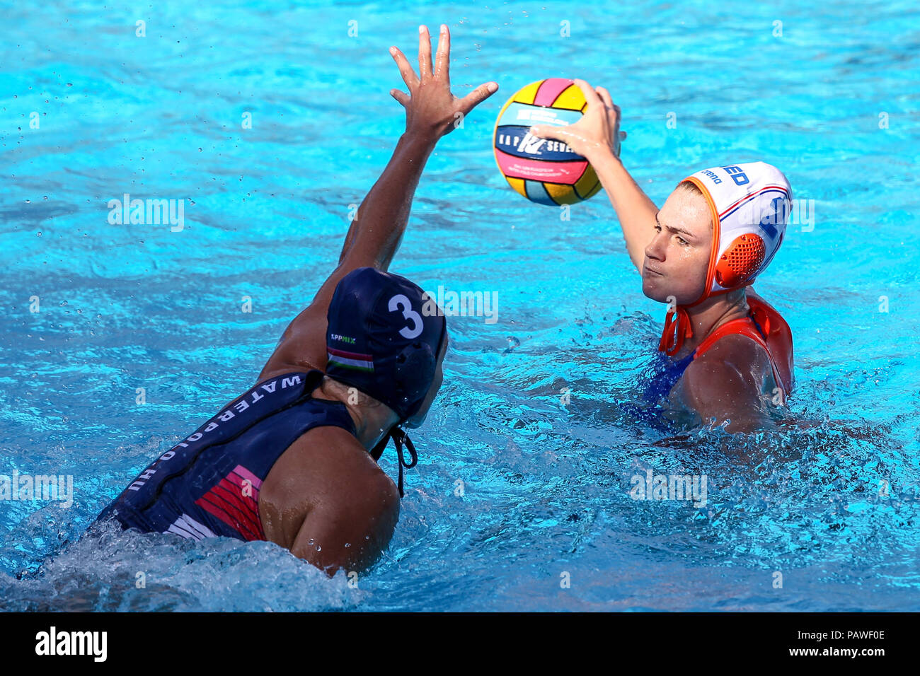 25th July 2018, Bernat Picornell Pools, Barcelona, Spain; 33rd European  Water Polo Championships, Netherlands Women versus Hungary Women; Rebecca  Grace Parkes from Hungary defends Maud Megens from Netherlands Stock Photo  - Alamy