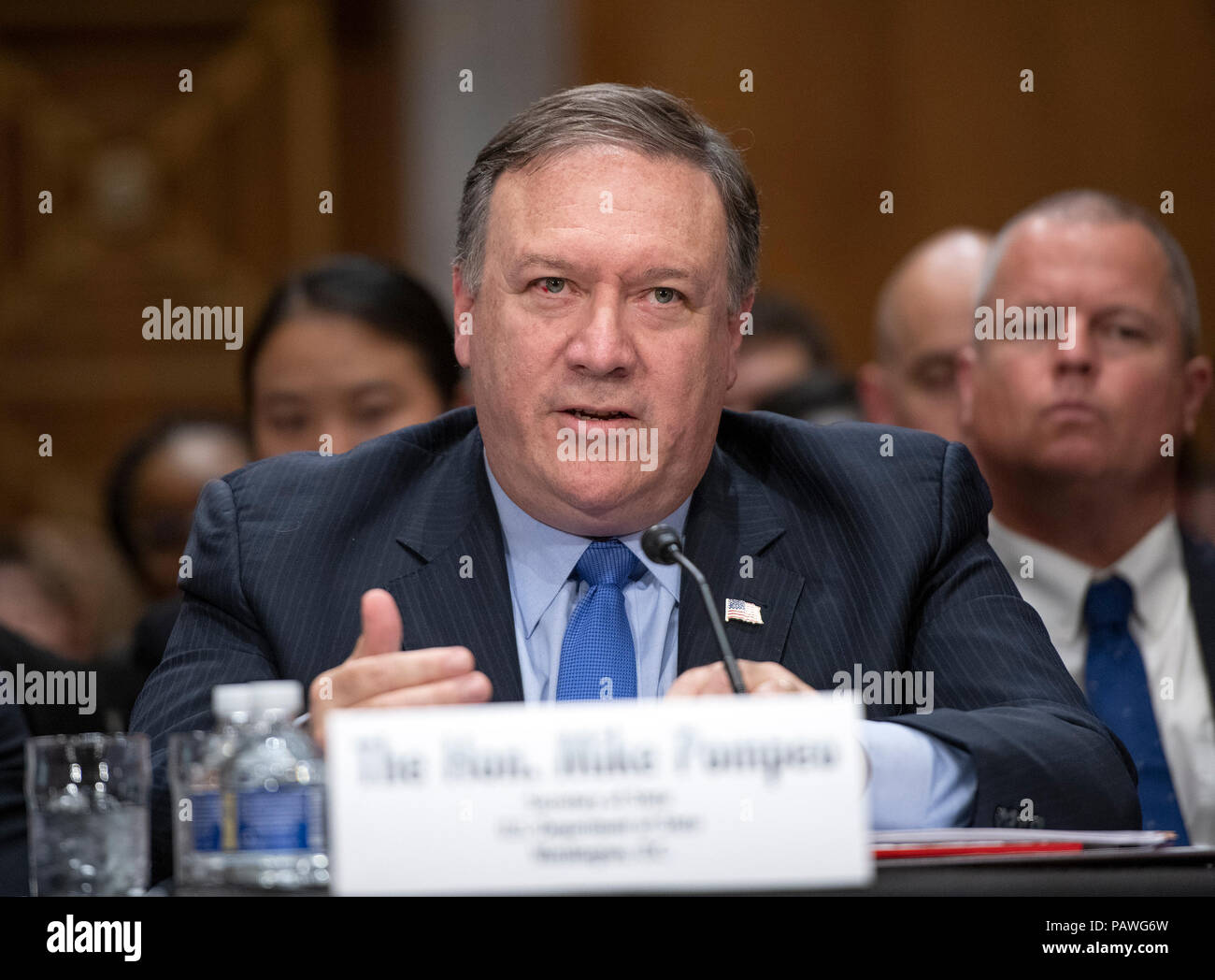 United States Secretary of State Mike Pompeo testifies before the US Senate Committee on Foreign Relations on 'An update on American Diplomacy to Advance our National Security Strategy' on Capitol Hill in Washington, DC on Wednesday, July 25, 2018. Pompeo took questions on the Helsinki Summit with President Putin of Russia and progress on the denuclearization of North Korea. Credit: Ron Sachs/CNP | usage worldwide Stock Photo