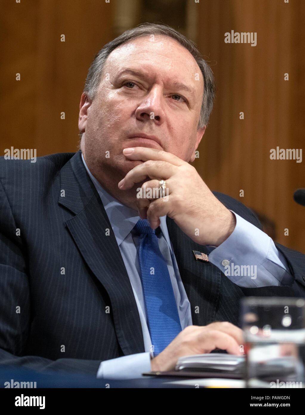 United States Secretary of State Mike Pompeo testifies before the US Senate Committee on Foreign Relations on 'An update on American Diplomacy to Advance our National Security Strategy' on Capitol Hill in Washington, DC on Wednesday, July 25, 2018. Pompeo took questions on the Helsinki Summit with President Putin of Russia and progress on the denuclearization of North Korea. Credit: Ron Sachs/CNP | usage worldwide Stock Photo