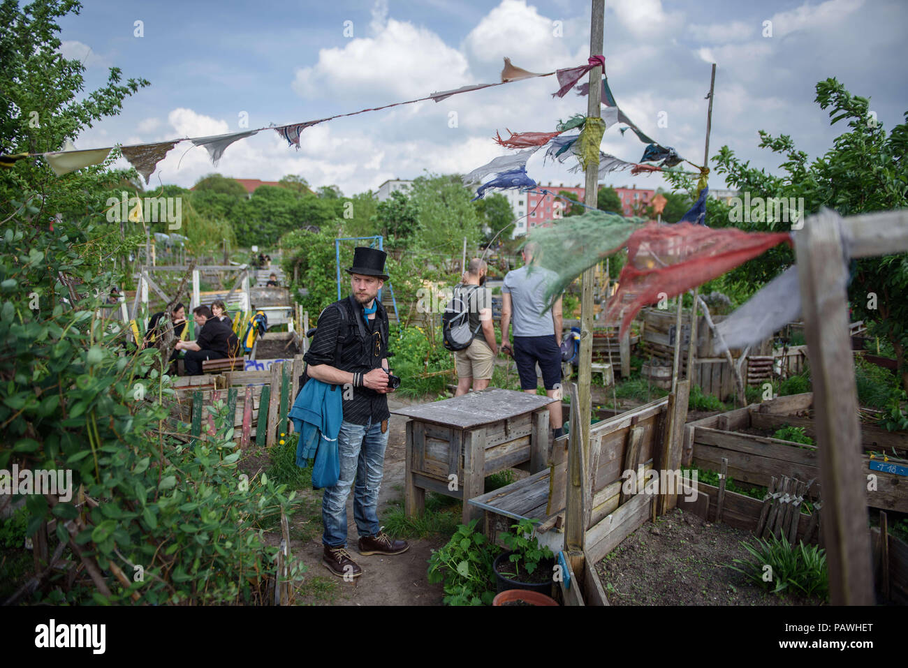 Berlin, Germany. 23rd Apr, 2018. Juha Jaervinen, participant of the basic income experiment in Finland, visits the Allmende-Kontor community garden on the former Tempelhof airfield. Credit: Gregor Fischer/dpa/Alamy Live News Stock Photo