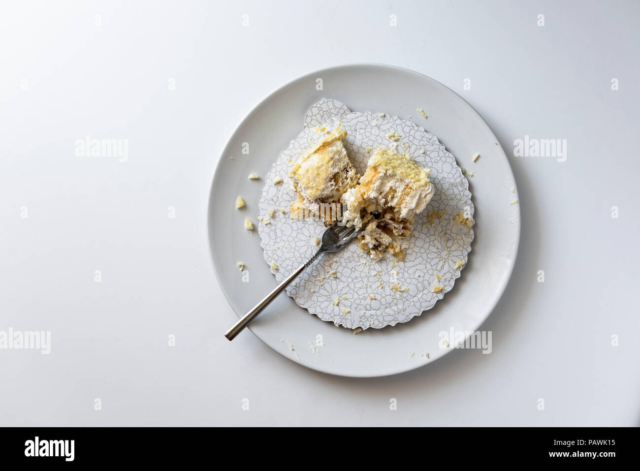 Unfinished cake plate, dirty dish and broken cake Stock Photo