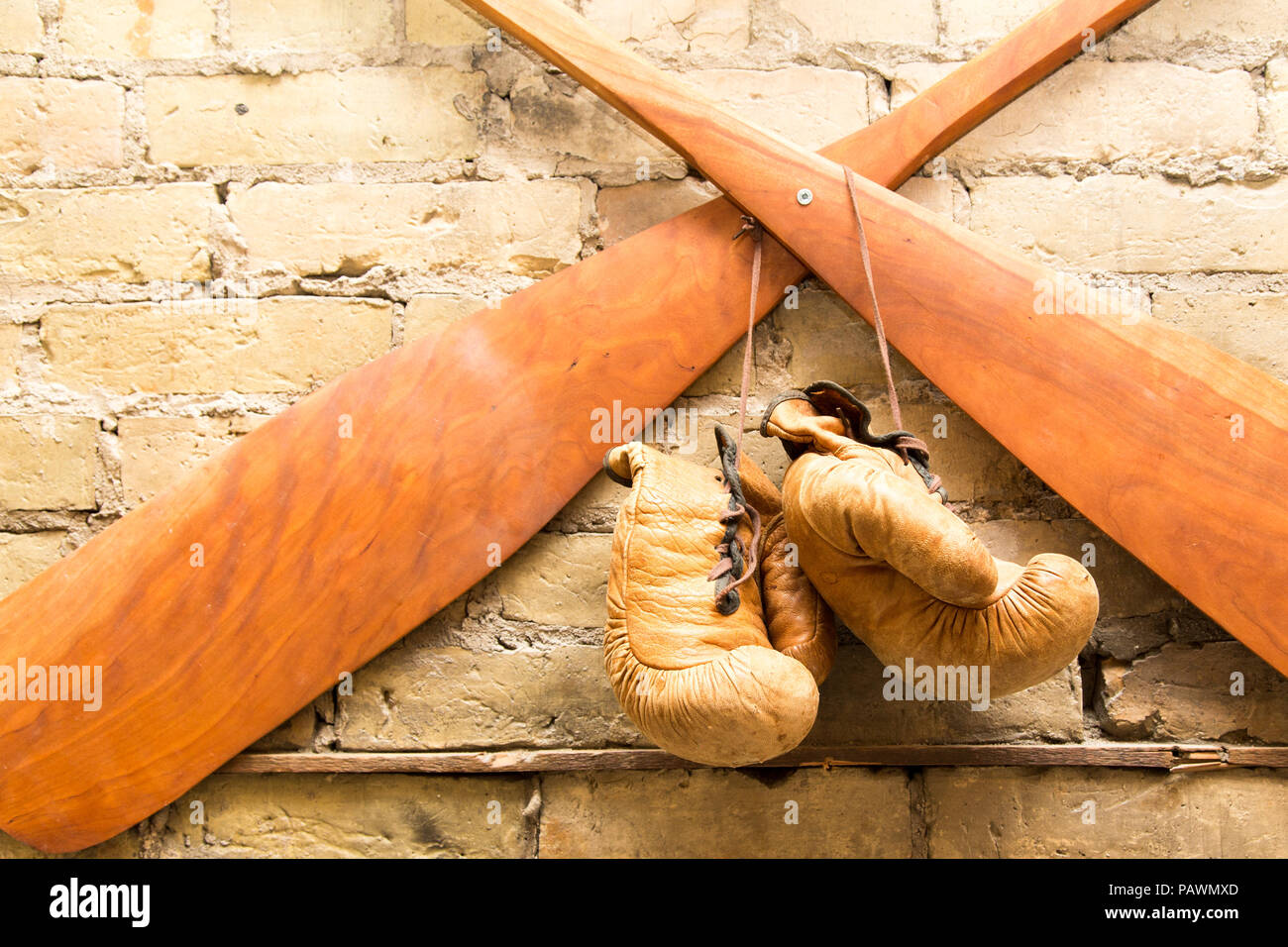 Old vintage paddles and boxing gloves hang on a wall of exposed brick Stock Photo