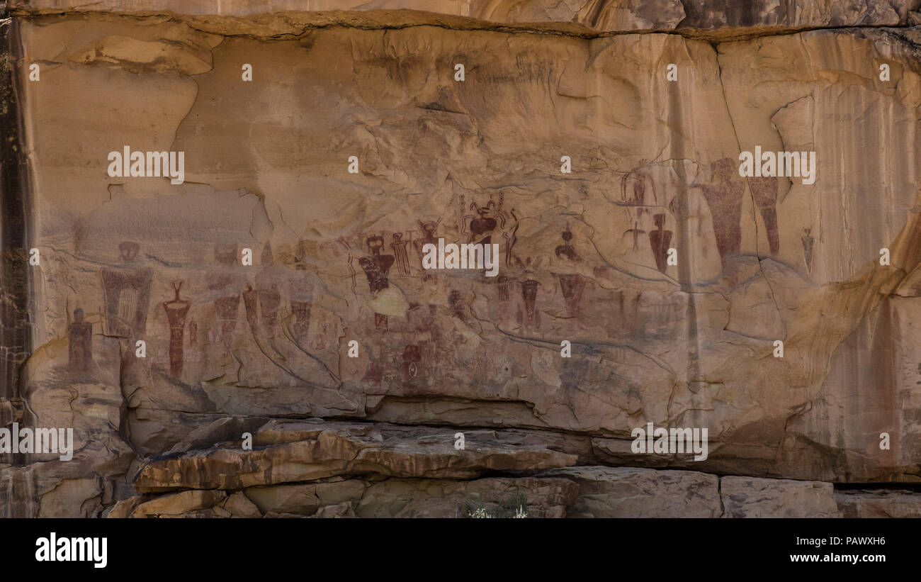 Ancient Native American petroglyphs and pictographs in Sego Canyon, Utah. Stock Photo